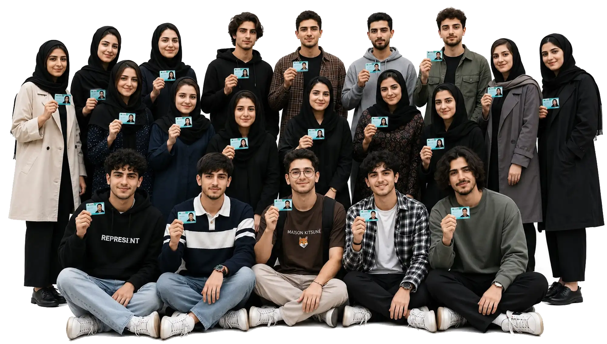جمعی از دانشجویان عضو سازمان بین‌المللی دانشگاهیان در ایران شامل دختران و پسران مقاطع کارشناسی، کارشناسی ارشد و دکتری به صورت ایستاده و نشسته که هر کدام، کارت بین‌المللی خود را به دست گرفته‌اند
