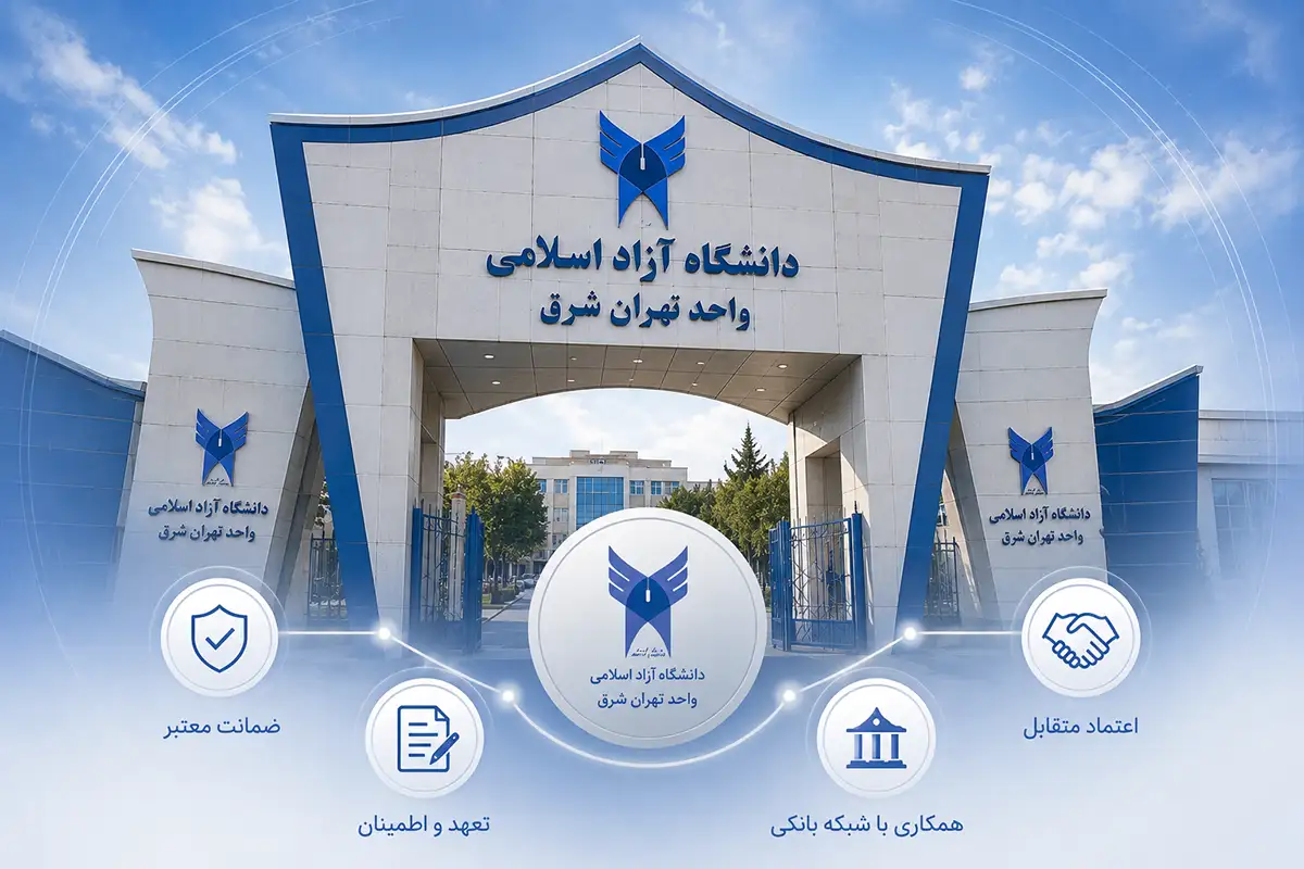 islamic-azad-university-tehran-shargh-isic سردر دانشگاه آزاد اسلامی واحد تهران شرق با زمینه آسمان آبی و خود سردر به صورت سنگ و با ترکیب رنگ طوسی و آبی و سورمهای و 4 کادر دایرهای ویژگیهای دانشگاه آزاد